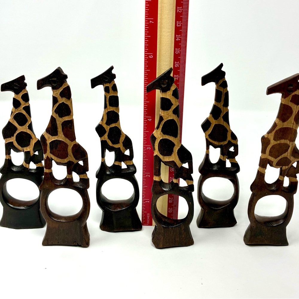Vintage African Hand-Carved Wooden Giraffe Napkin Rings Safari Dinner Decor - Picture 5 of 8